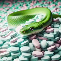 Obraz premium A vibrant green snake resting on a pile of pastel-colored tablets, creating a striking contrast between the natural reptile and synthetic pills, evoking themes of danger and caution.