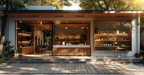Storefront composed of white and wood grain, kitchen showroom, big sunny day, walkway, warm lighting. Generative AI.