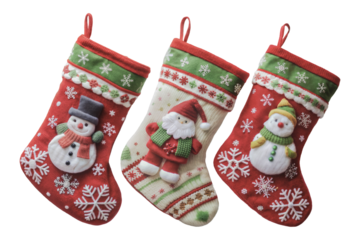 Festive decorative Christmas stockings, cut out - stock png.