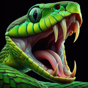 A vivid green snake with its mouth open, showcasing its fangs and tongue in a defensive posture, highlighting its intricate scales and intense gaze, set against a dark background.