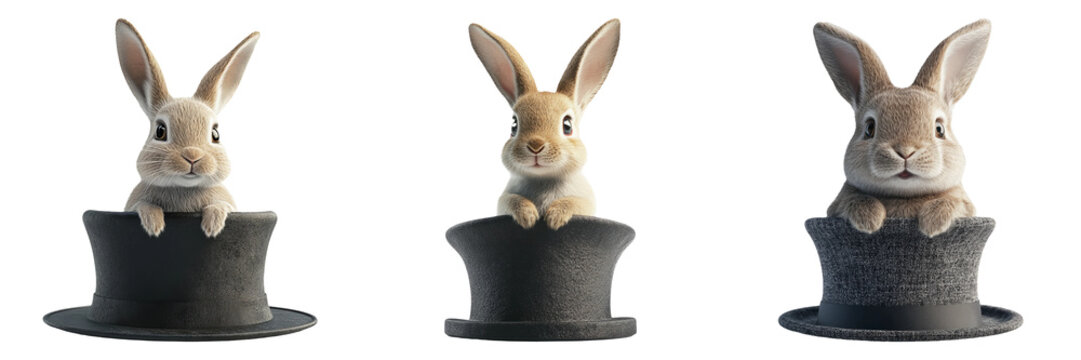Magician hats with rabbits showing magic tricks isolated on transparent background