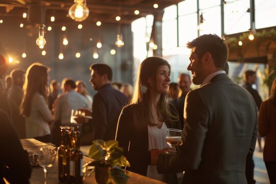 A corporate event with people networking and mingling. AI generated