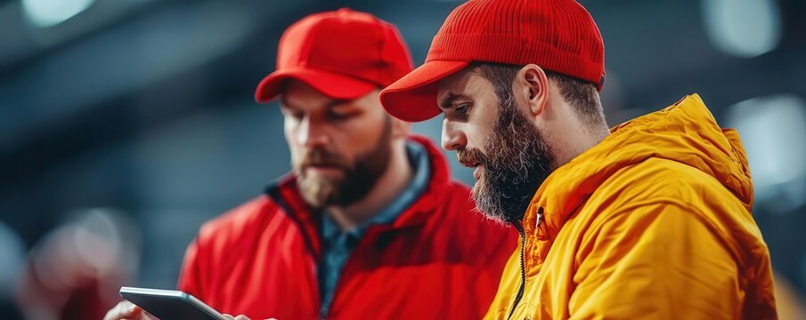 Coach and assistant reviewing play strategy on a sideline tablet, surrounded by game action, American Football, modern technology in strategy