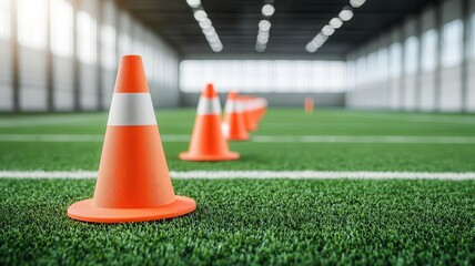 Football practice field with cones and markers set up for a complex drill, American Football, strategy training