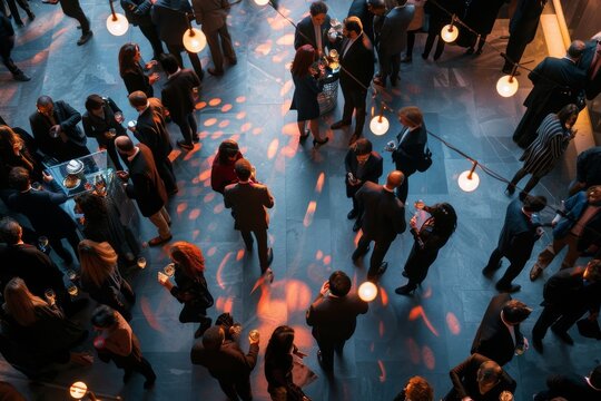 A dynamic image featuring London's best nightlife locations, emphasizing popular bars, clubs, and evening entertainment options, A corporate event with people networking and mingling. AI generated