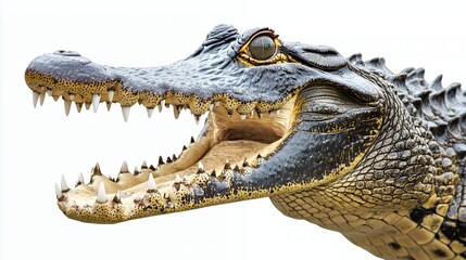 Obraz premium Close-up of a crocodile's head with its mouth open, showing its teeth and scaly skin.
