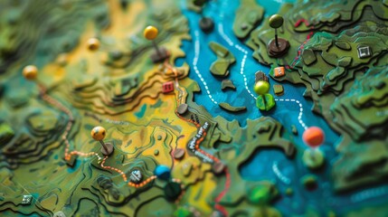 detailed close-up of a board game map highlighting key geographic features like mountains, forests, rivers, and more, evoking adventure and exploration for game enthusiasts