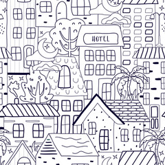 European houses, trees, with a seamless hand-drawn pattern. cute, childish, trending background. flat, cartoon, urban style. for print, paper, banner. art vector illustration.