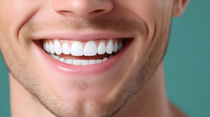 Close-up of a young man smiling broadly, showcasing his bright white teeth and healthy gums on a vibrant green background.