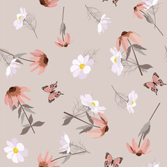Echinacea flower, cosmea and butterflies on a beige background. Happy summer rustic mood. Botanic continuous cover. Vector illustration.