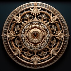 Art deco mandala. Intricate circular design featuring ornate floral patterns and geometric shapes, crafted in a metallic finish with a golden hue, set against a dark background.