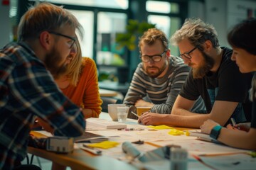 Fototapeta premium A diverse group of four individuals at a table, each with a laptop, engaged in a productive discussion, A group of colleagues discussing ideas around a table. AI generated