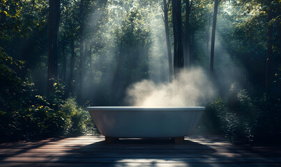 Steamy hot tub in a beautiful location overlooking nature. Wellness and energy restoration concept. Herbal bath in a forest.