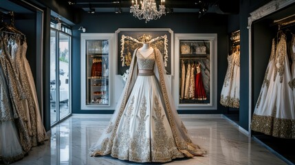 A white and gold Indian wedding dress displayed in a luxury boutique, perfect for showcasing the sophistication and grace of bridal fashion.