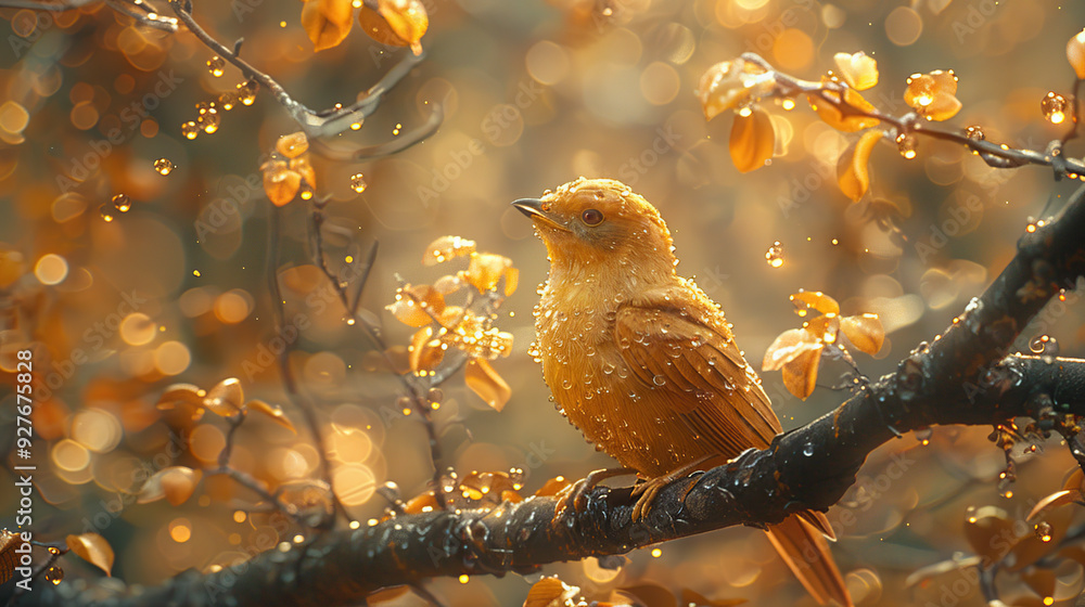 Poster Golden Bird in a Misty Forest