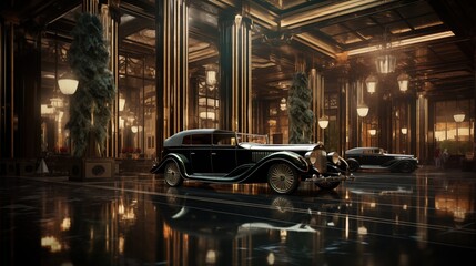 A art deco vintage luxury car parked in an opulent, art deco-style interior with tall columns, ornate lighting, and polished floors. The scene exudes elegance and sophistication.