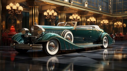 Obraz premium A art deco vintage luxury convertible car with a sleek design, featuring a green and white color scheme. The car is parked in an opulent interior with golden accents.