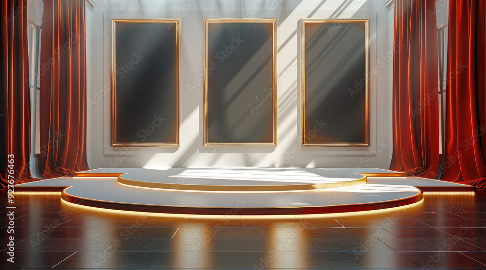 Aufkleber stand up comedy stage design, empty gold frames floating. generative ai.