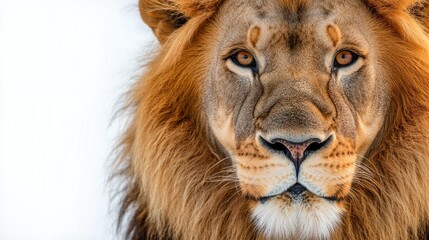 Detailed close-up of a lion's piercing gaze, with its mane and features sharply defined against a clean white background, capturing the essence of strength and nobility.