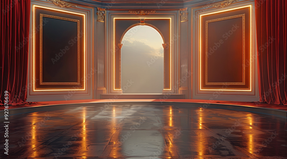 Aufkleber stand up comedy stage design, empty gold frames floating. generative ai.
