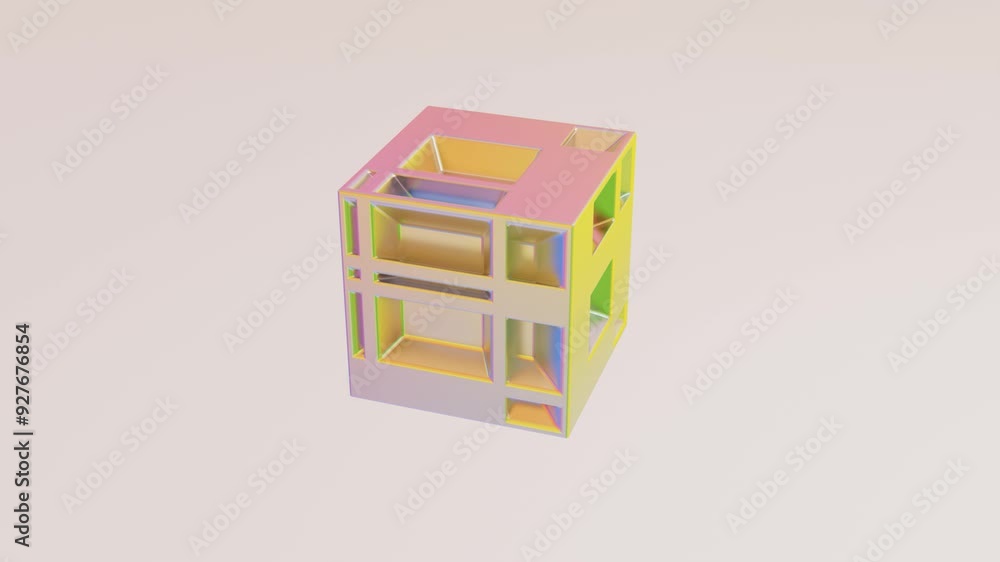 Aufkleber rotating abstract cube with dents rotates on light background. 3d render looped animation