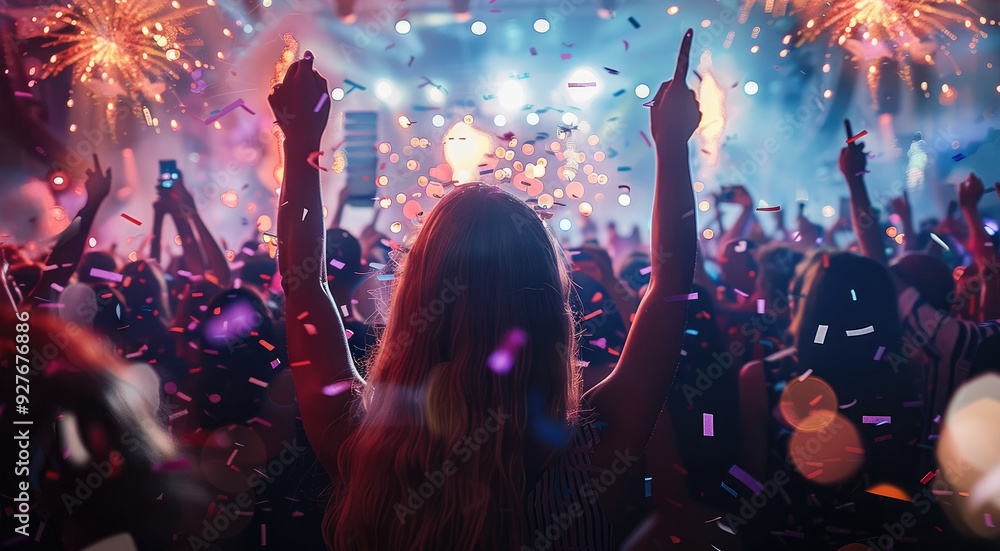 Poster a party with lights on the sides with confetti falling. the people are dancing and drinking wine, an