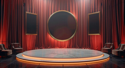Stand up comedy stage design, empty gold frames floating. Generative AI.