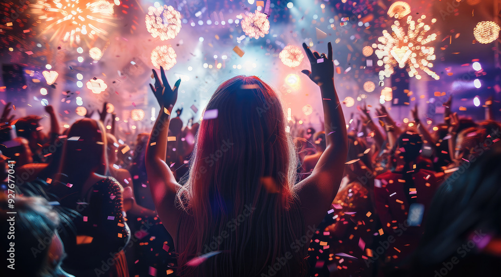 Poster a party with lights on the sides with confetti falling. the people are dancing and drinking wine, an