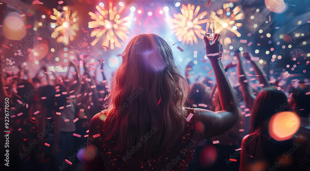Poster a party with lights on the sides with confetti falling. the people are dancing and drinking wine, an