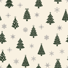 Christmas Background. Christmas seamless pattern. Xmas tree and snowflakes icons isolated on white background. Vector illustration 