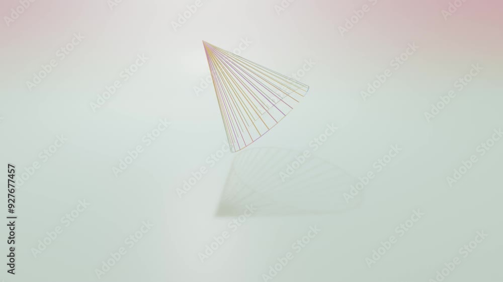 Poster rotating abstract cone made of silver wireframe rotates on light background. 3d render looped animat