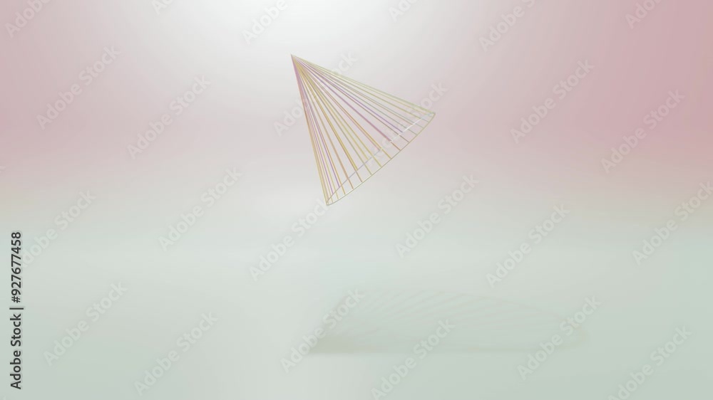 Poster rotating abstract cone made of silver wireframe rotates on light background. 3d render looped animat