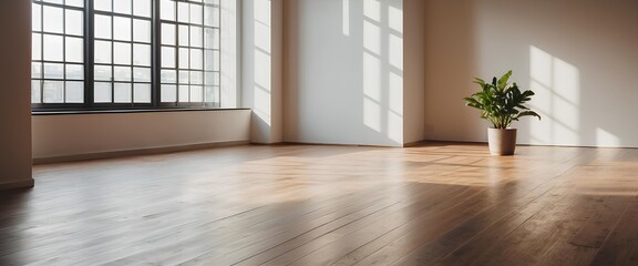 Empty room of modern contemporary loft with some potted plant on wooden floor and big windows. Cozy Atmosphere. Plesant day light.