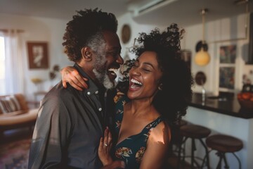 Fototapeta premium A man and woman are affectionately embracing in front of a bookcase, highlighting their emotional connection and shared passions, A married couple laughing together as they dance in their living room.