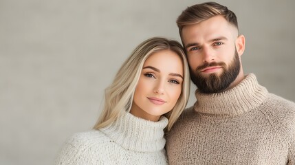 Fototapeta premium Stylish couple in cozy turtleneck sweaters, showcasing modern winter fashion against a neutral background.