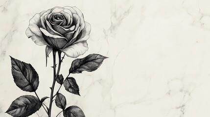 A beautifully detailed black and white rose illustration on a soft marble background, perfect for artistic decor and design.