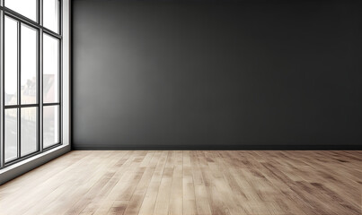 Empty minimalistic dark blank room for design. Empty template for interior product. Empty interior with black walls and wooden floor. 