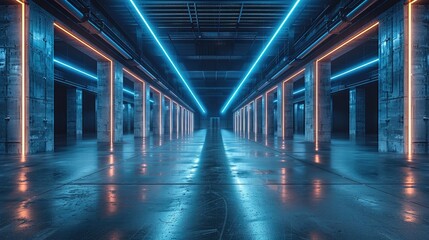 Fototapeta premium A gigantic warehouse entirely made of concrete with polished floors and horizontal neon blue lights on the walls. Generative AI.