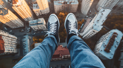 POV, Person legs dangling over city with tall buildings seen from above