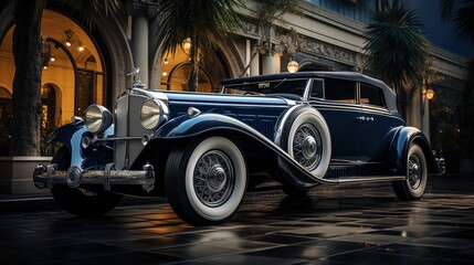 A vintage art deco blue convertible car parked in front of an elegant building with palm trees. The car features classic design elements, including wire-spoke wheels.