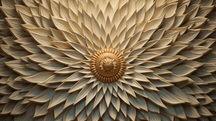 A close-up view of an intricate floral art deco sun design made from layered paper, resembling a large flower with petals in various shades of cream and beige, radiating from a central circular shape.