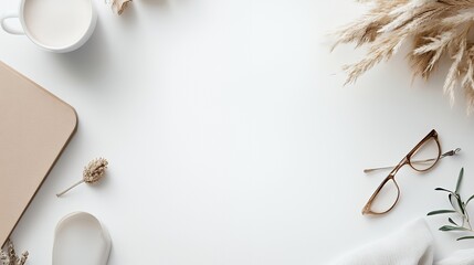 Minimalist Flat Lay with a Cup of Coffee, Glasses, and Pampas Grass on a White Background.
