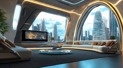 Fototapeta premium Futuristic Living Room Concept: 3D Render Visualization