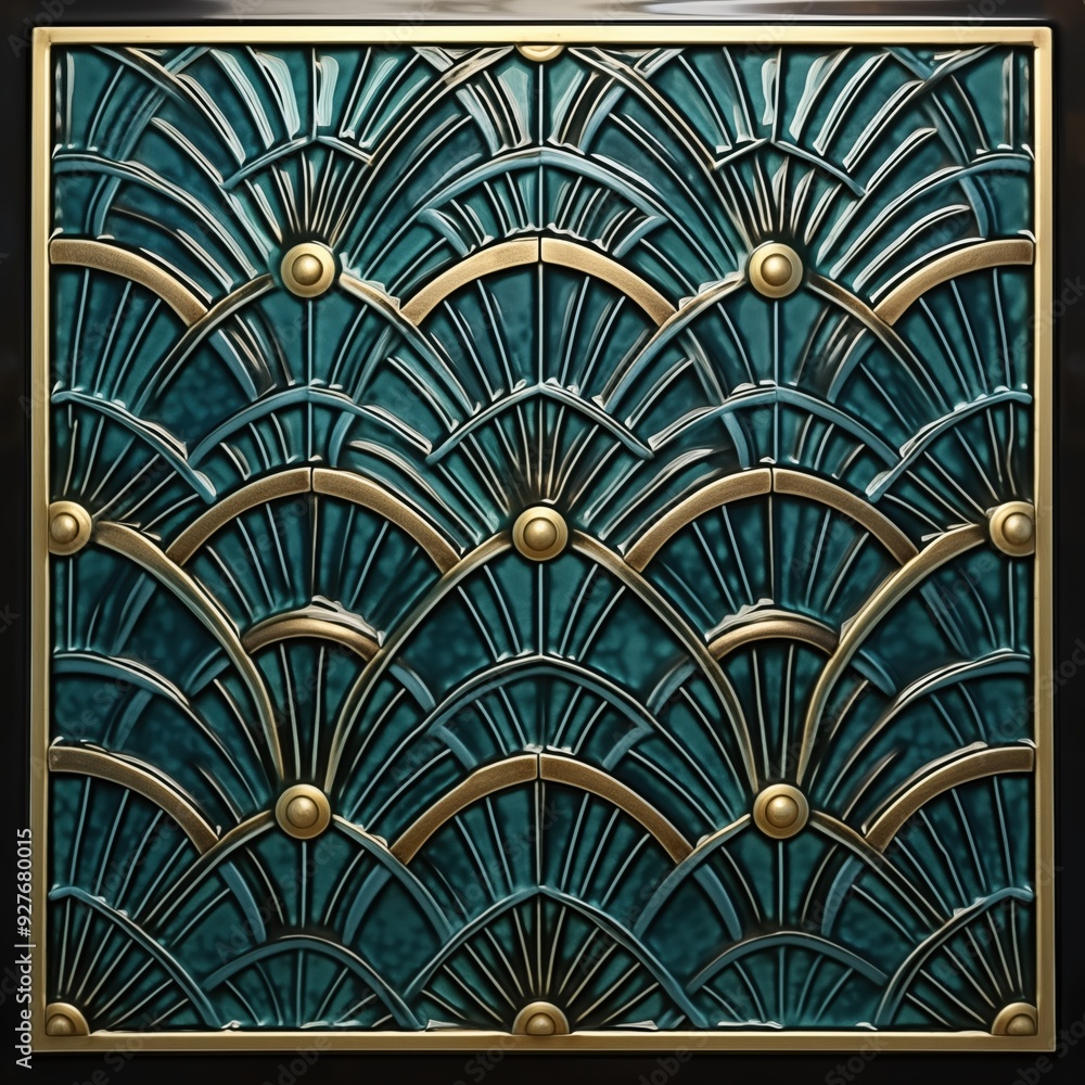 Poster a decorative art deco panel featuring an intricate art deco design with teal and gold colors. the pa