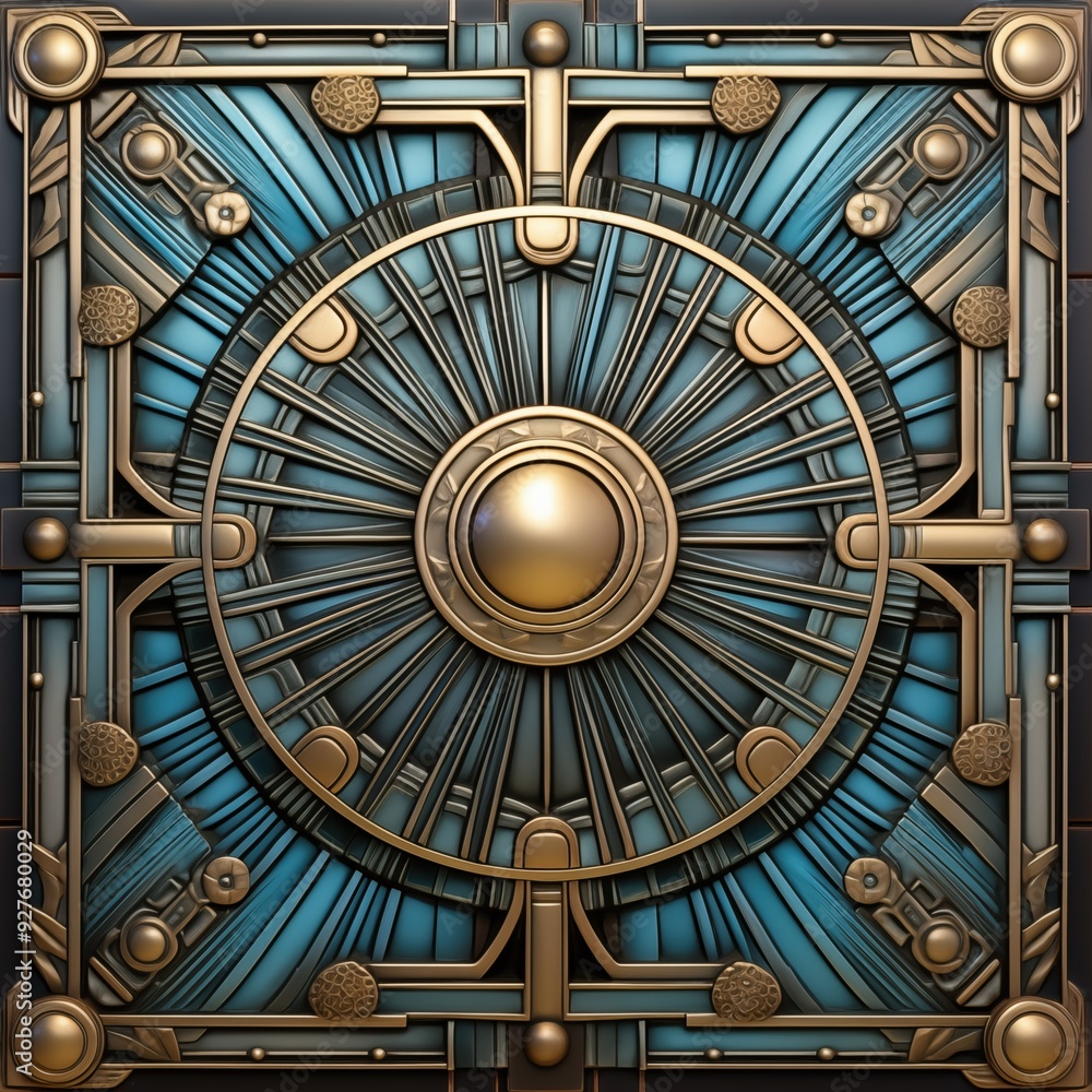 Poster a decorative art deco metallic panel featuring intricate geometric patterns and a central circular e