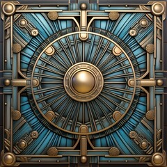 A decorative art deco metallic panel featuring intricate geometric patterns and a central circular element. The design combines bronze and teal colors, creating a visually striking contrast.