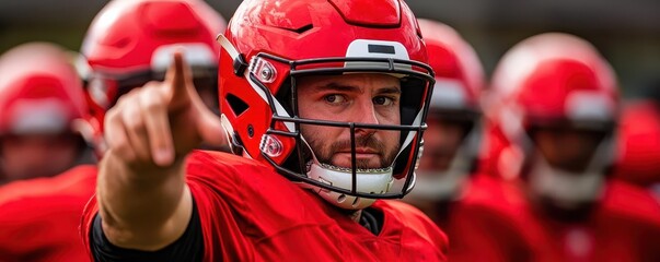 A football coach gesturing vividly while explaining plays to the team during practice Coaching dynamics, football tactics, team practice