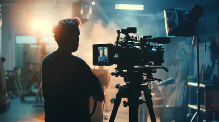 Fototapeta premium A director stands silhouetted behind a professional video camera in a dimly lit studio filled with cinematic lighting and production equipment, preparing for a film shoot.