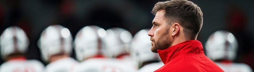 Obraz premium Dynamic sideline shot of a coach coordinating defensive formations with players Football defense, coaching, game strategy