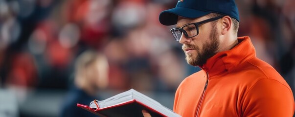 Football coach reviewing playbook on the sidelines during a high-stakes game Game strategy, American Football, coaching tactics
